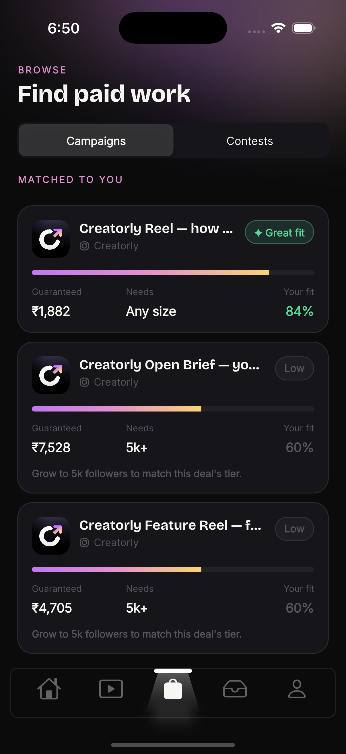 The Creatorly browse screen, with campaigns ranked by fit — a Great fit at 84% on top, then two Low matches at 60%, each with a gradient fit meter.