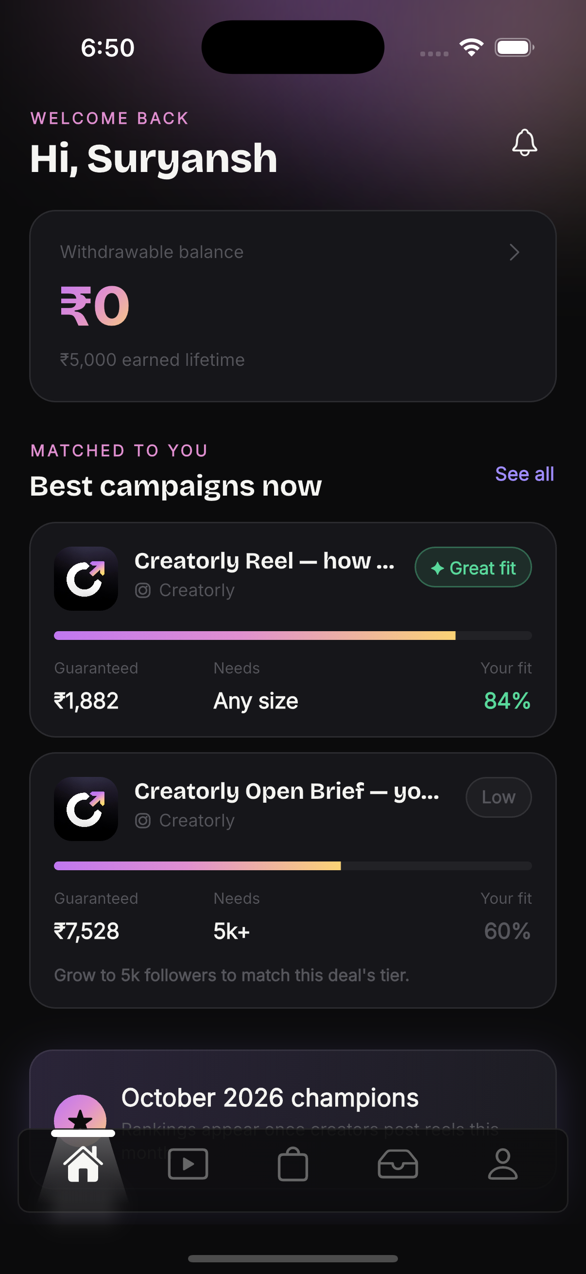 The Creatorly home screen showing the creator's best-matched campaigns, each with a fit badge, a gradient meter and a Your fit percentage.